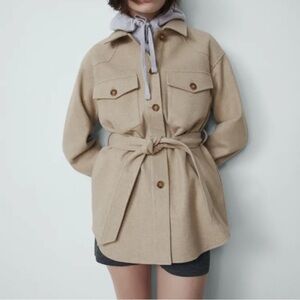 Zara Beige Belted Shirt Jacket, Medium